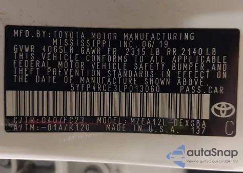 2020 Toyota Corolla Se z USA, uszkodzony, nr VIN 5YFP4RCE3LP013060